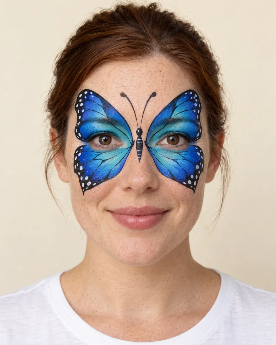 Blue Butterfly Face Paint on an original AI-generated fictional adult portrait