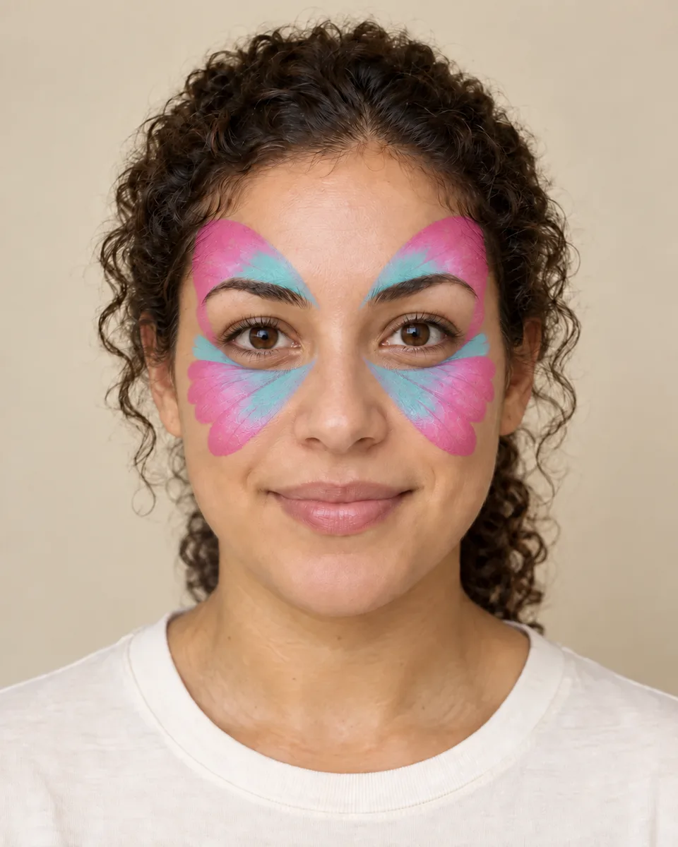 Fictional adult portrait showing pink and turquoise butterfly wings before finishing details; AI-generated illustrative stage