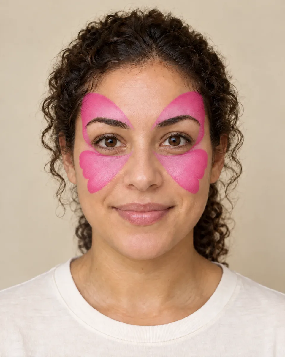 Fictional adult portrait showing pink butterfly wing shapes only; AI-generated illustrative stage