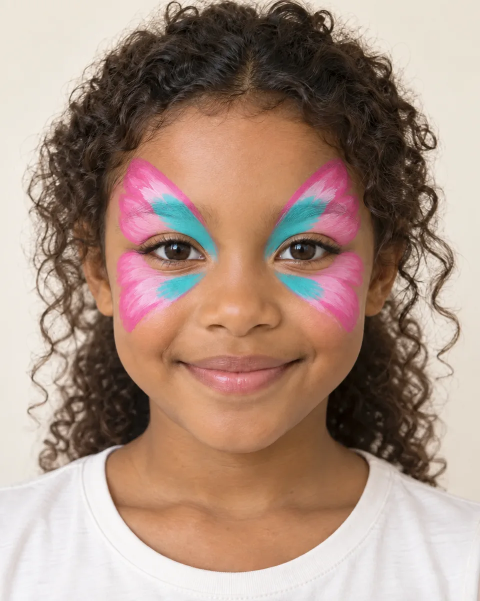 Fictional child portrait showing pink and turquoise butterfly wings before finishing details; AI-generated illustrative stage