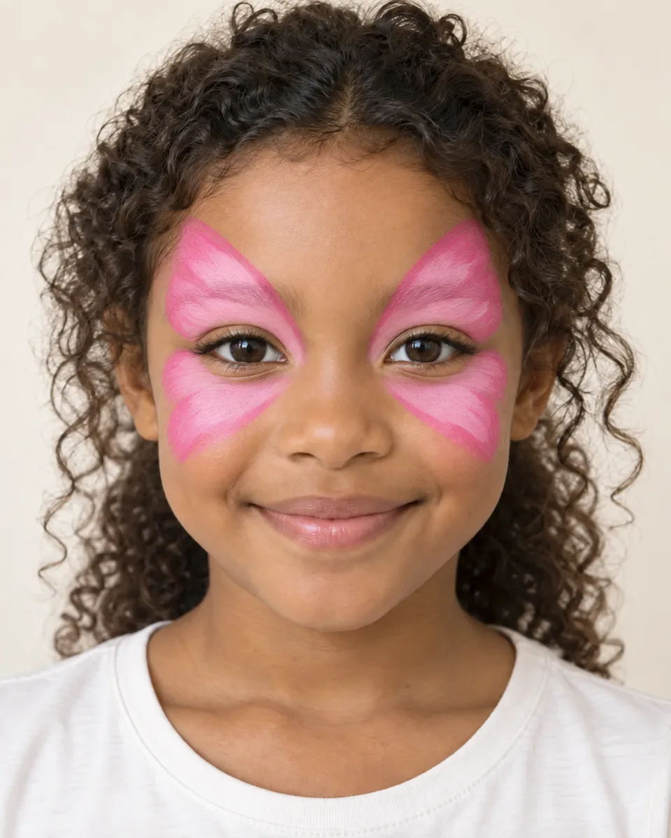 Fictional child portrait showing pink butterfly wing shapes only; AI-generated illustrative stage