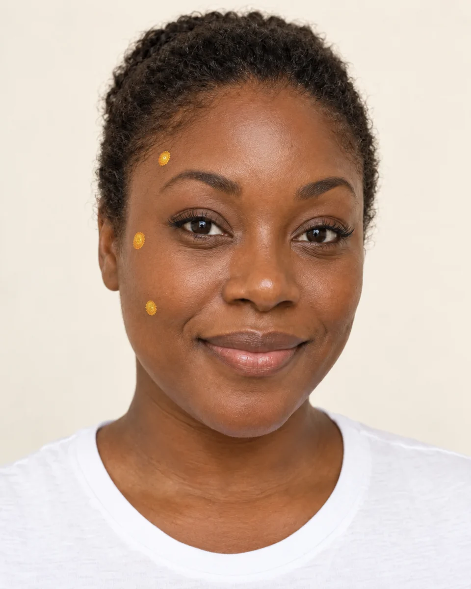Fictional adult portrait showing three yellow flower centers on the temple and outer cheek; AI-generated illustrative stage