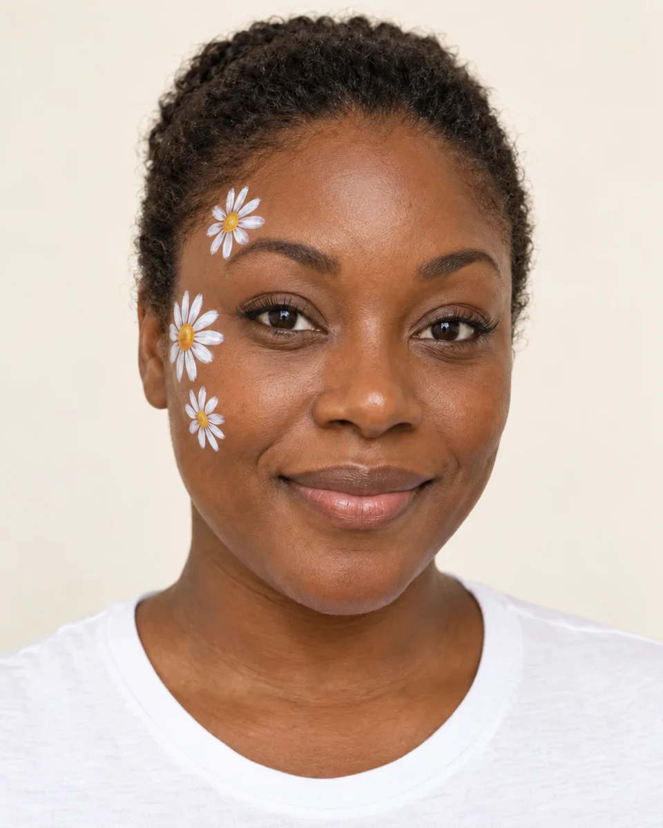 Fictional adult portrait showing three white daisies with yellow centers, before green finishing details; AI-generated illustrative stage