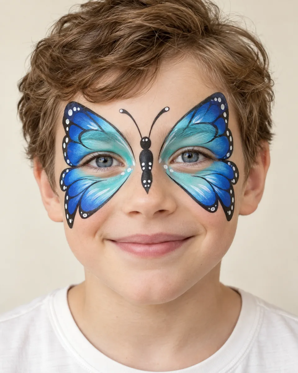 Blue Butterfly Face Paint on an original AI-generated fictional child portrait