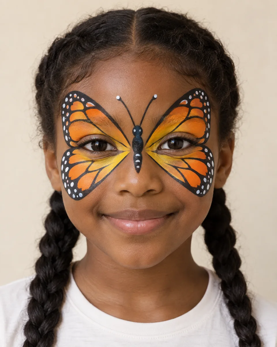 Monarch Butterfly Face Paint on an original AI-generated fictional child portrait