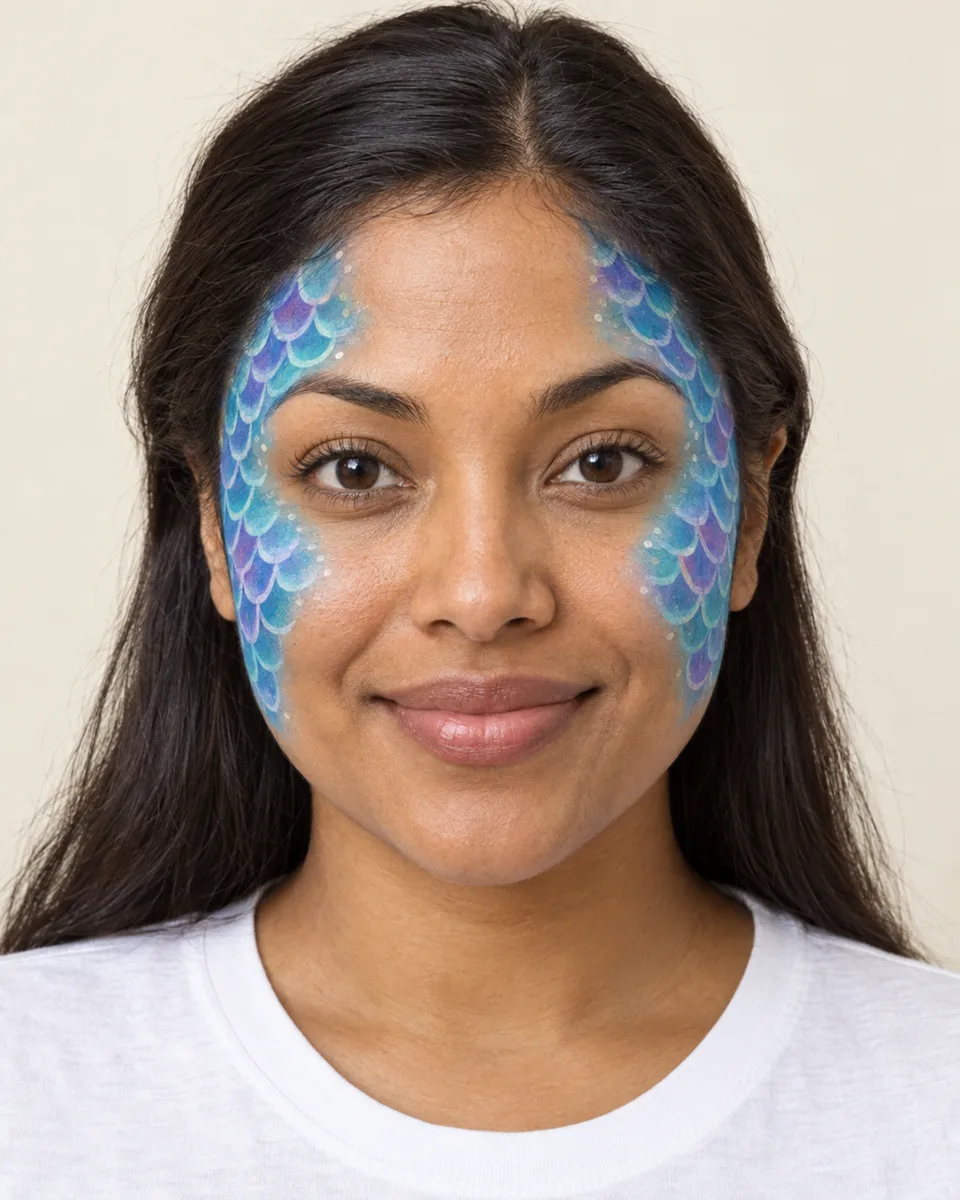 Mermaid Scales Face Paint on an original AI-generated fictional adult portrait