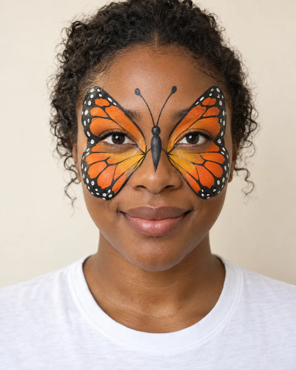 Monarch Butterfly Face Paint on an original AI-generated fictional adult portrait
