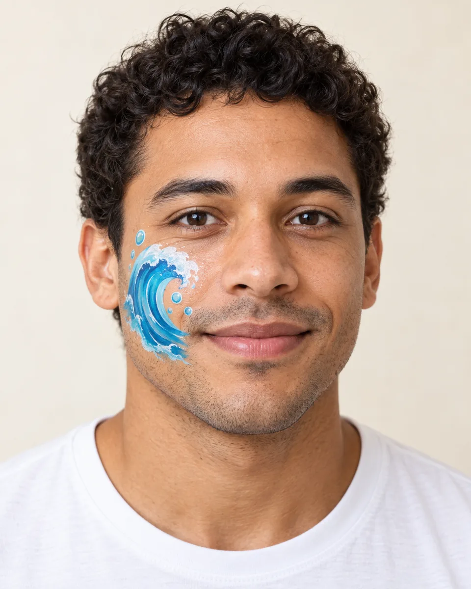 Ocean Wave Face Paint on an original AI-generated fictional adult portrait