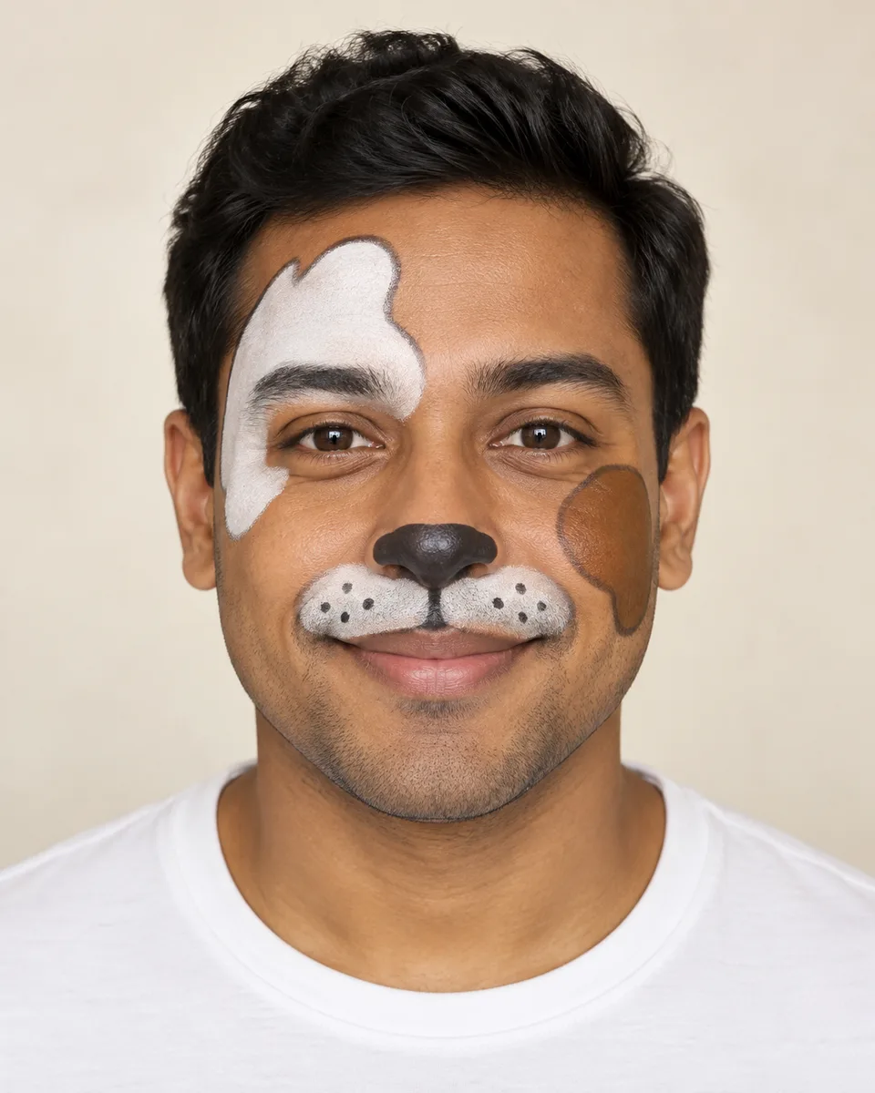 Puppy Face Paint on an original AI-generated fictional adult portrait