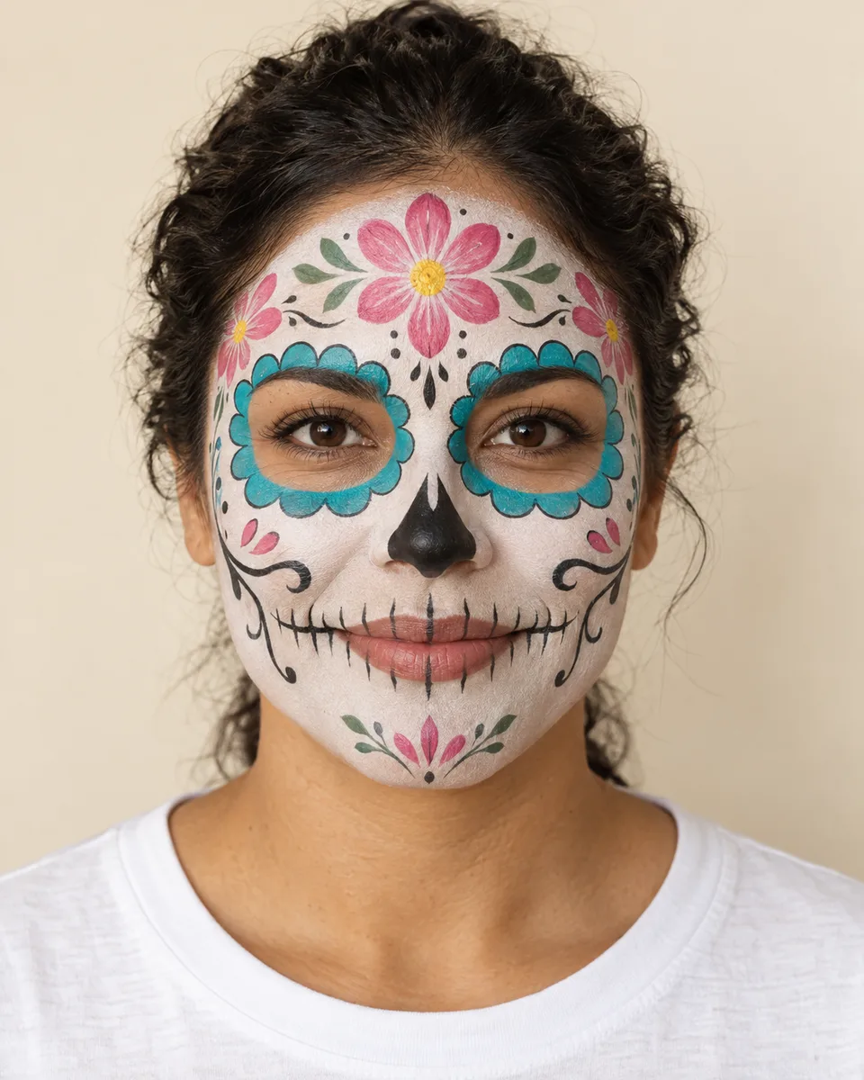 Floral Skull Face Paint on an original AI-generated fictional adult portrait